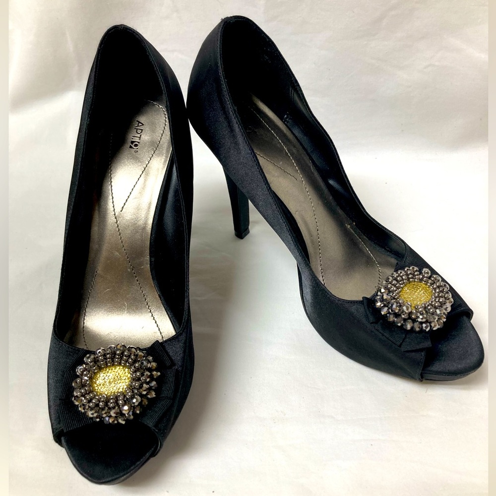 Apt 9 Black Satin and Rhinestone Peep Toe Heels, size 9.5